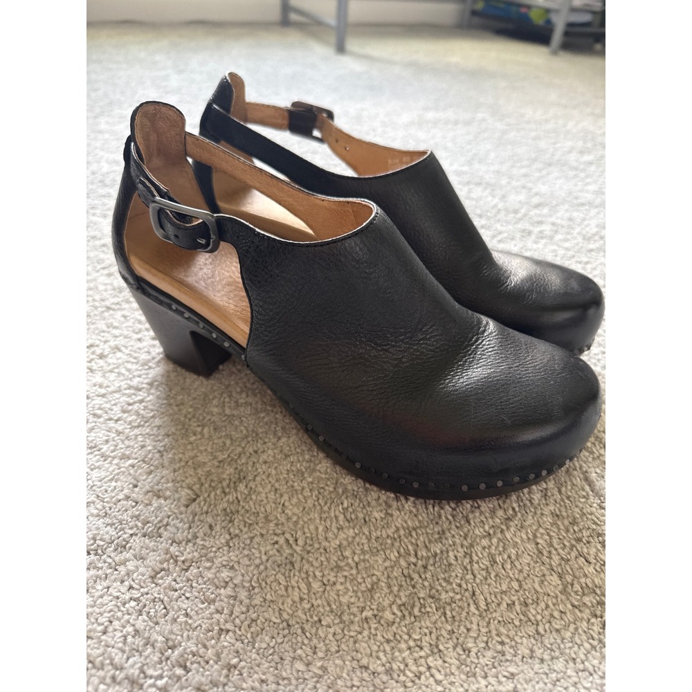 Dansko Black Leather Slingback Clogs Buckle Block Heel EU 40 Milled Burnished